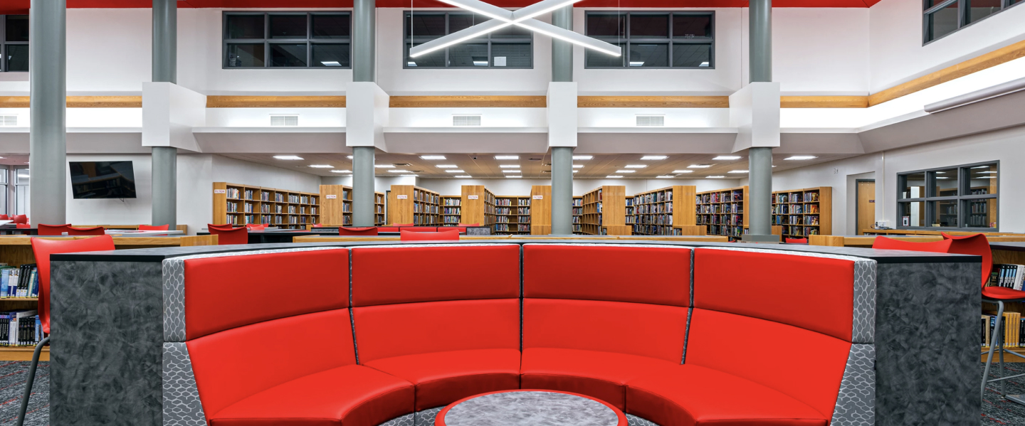school library red booth seating